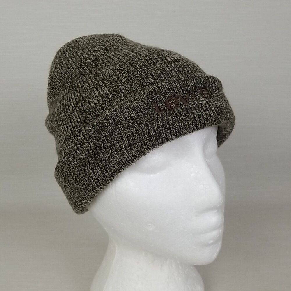 Vtg Levi's Heathered Brown Winter Beanie Hat Cuffed W/ Embroidered Logo One Size